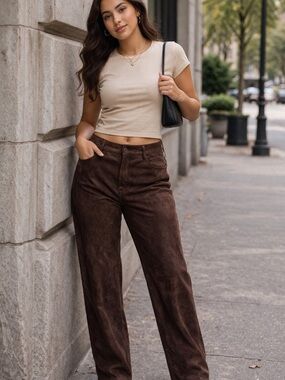 High-Rise Wide-Leg Suede Pants - Brown